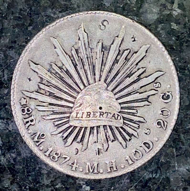 MEXICO SILVER 8 REALES 1874 - EAGLE WITH SNAKE ON CACTUS - 8R.MO.1874.M.H.10D.20G. MEXICO CITY MINT