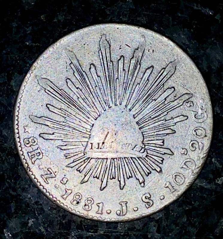 MEXICO SILVER 8 REALES 1881 - EAGLE WITH SNAKE ON CACTUS - 8R.Zs.1881.J.S.10D.20G. ZACATECAS MINT