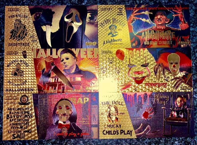HORROR MOVIES - FREDDIE KRUGER, SCREAM, HALLOWEEN, IT, TRAP, CHUCKY - COLORIZED GOLD FOIL 999 CARDS