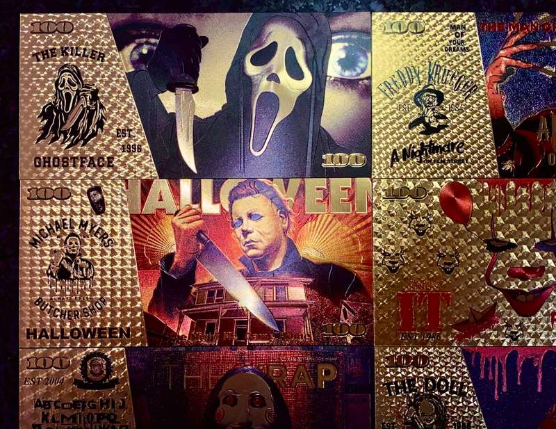 HORROR MOVIES - FREDDIE KRUGER, SCREAM, HALLOWEEN, IT, TRAP, CHUCKY - COLORIZED GOLD FOIL 999 CARDS