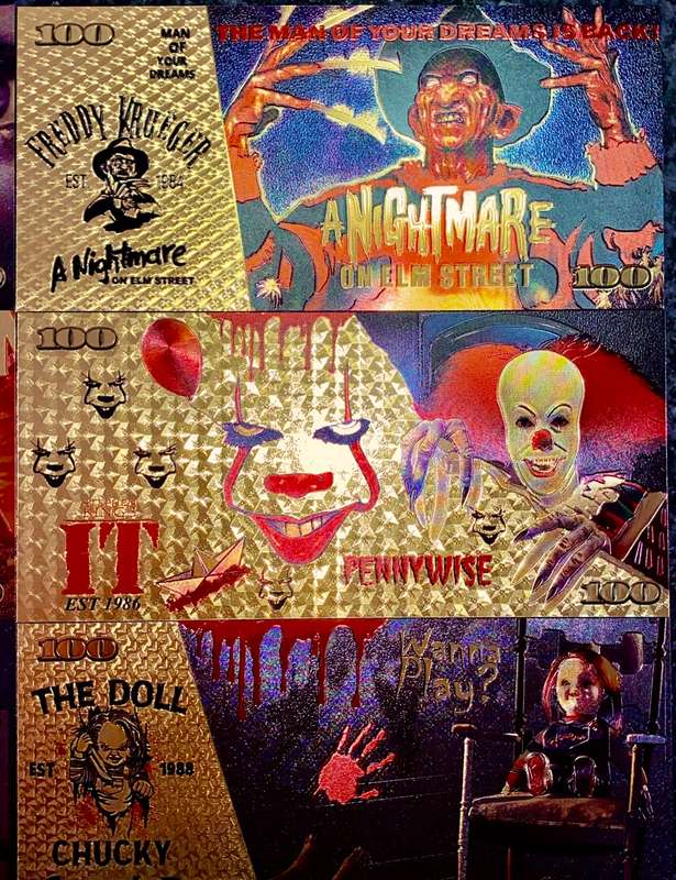 HORROR MOVIES - FREDDIE KRUGER, SCREAM, HALLOWEEN, IT, TRAP, CHUCKY - COLORIZED GOLD FOIL 999 CARDS
