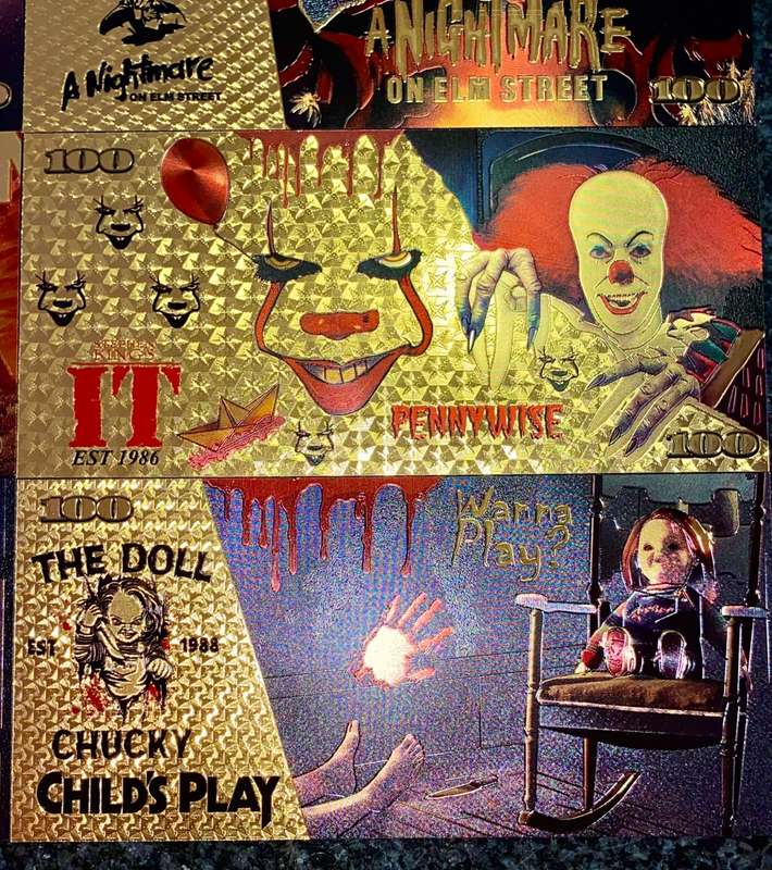 HORROR MOVIES - FREDDIE KRUGER, SCREAM, HALLOWEEN, IT, TRAP, CHUCKY - COLORIZED GOLD FOIL 999 CARDS
