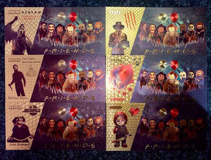 HORROR MOVIES - FREDDIE KRUGER, SCREAM, HALLOWEEN, IT, TRAP, CHUCKY - COLORIZED GOLD FOIL 999 CARDS