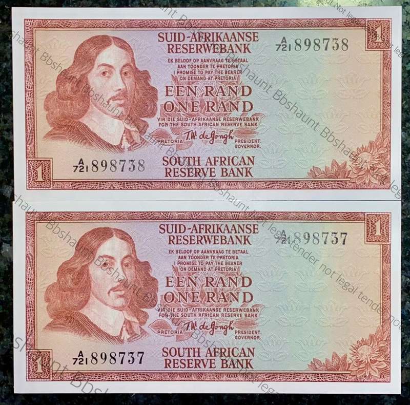 TW DE JONGH R1 IN SEQUENCE A721 /898737-738 UNC SPRINGBUCK WTM 1ST ISSUE 1967(1 BID TAKES ALL)