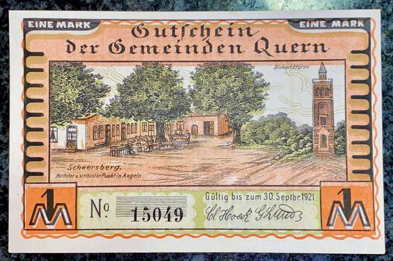 GERMANY 1 MARK - QUERN 30TH SEPTEMBER 1921 - BIGGER NOTE UNC NOTGELD (EMERGENCY MONEY) - AMAZING ART
