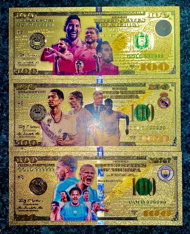 U S A - 100 DOLLARS - MANCHESTER UNITED, INTER MIAMI, REAL MADRID - COLORIZED GOLD FOIL 999 CARD -