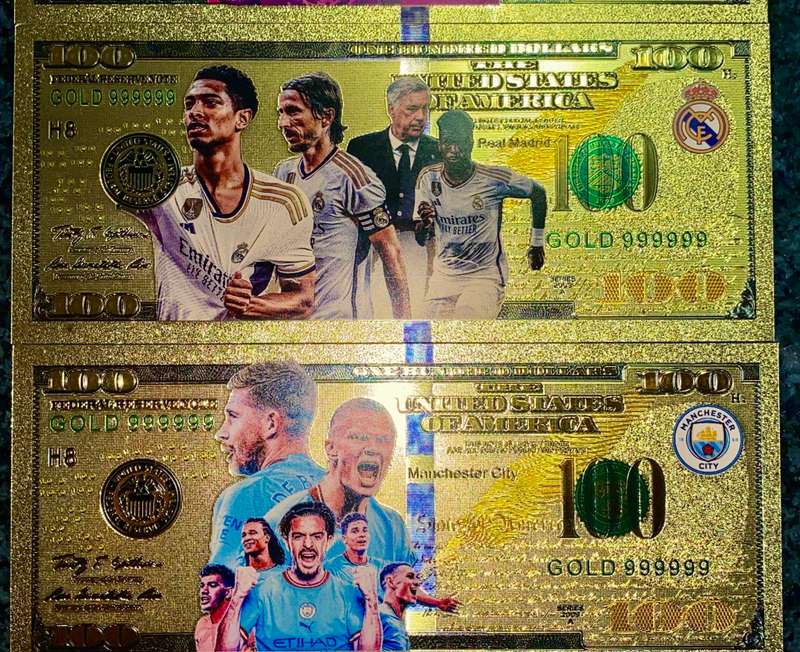 U S A - 100 DOLLARS - MANCHESTER UNITED, INTER MIAMI, REAL MADRID - COLORIZED GOLD FOIL 999 CARD -