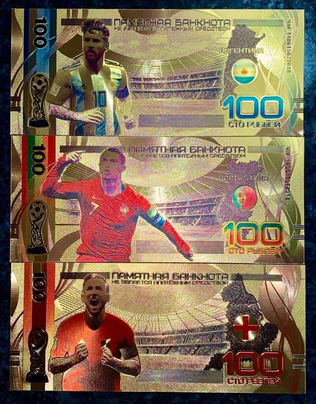 RUSSIA - 100 RUBLES WORLD CUP FOOTBALL TEAMS - COLORIZED GOLD FOIL 999 CARD -