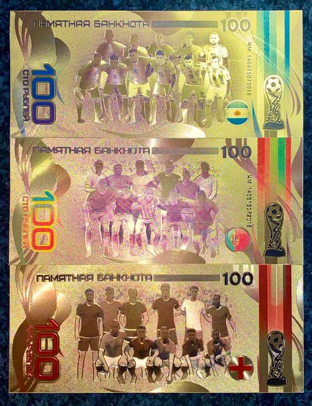 RUSSIA - 100 RUBLES WORLD CUP FOOTBALL TEAMS - COLORIZED GOLD FOIL 999 CARD -