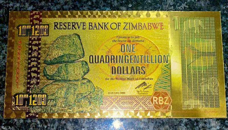 ZIMBABWE - BIG 5 - ONE QUARINGENTILLION DOLLARS 10^1200 AA000001 - GOLD FOIL999 CARD - AMAZING ART -
