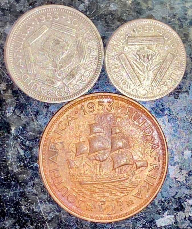 S A UNION SILVER SET 6 PENCE - 3D THREEPENCE & 1/2 PENNY 1953 -- (1 BID TAKES ALL)