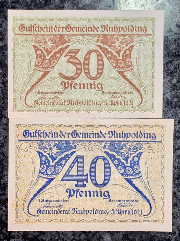 GERMANY SET - 40 PFENNIG & 30 PFENNIG RUHPOLDING 1921 - UNC NOTGELD (EMERGENCY MONEY) - AMAZING ART