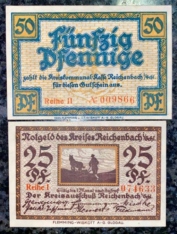 GERMANY SET - REICHENBACH 50 PFENNIG & 25 PFENNIG 1921 - UNC NOTGELD (EMERGENCY MONEY) AMAZING ART