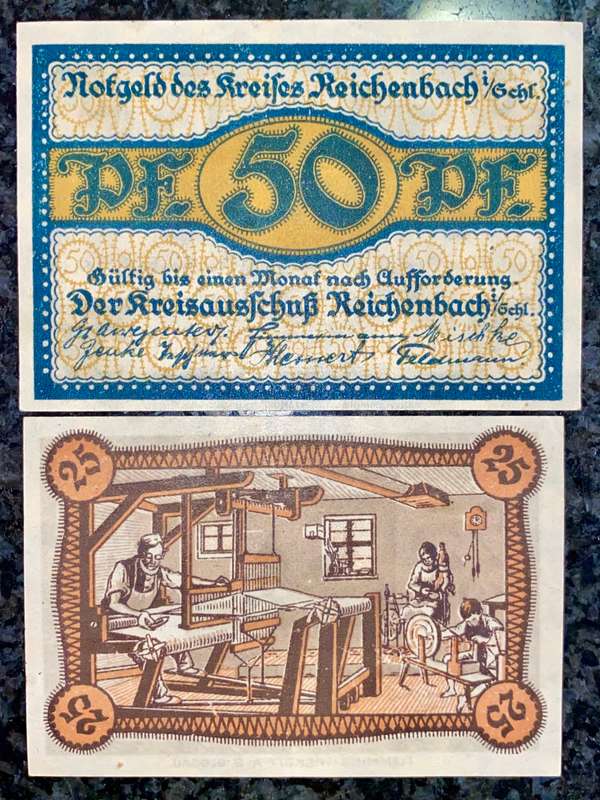 GERMANY SET - REICHENBACH 50 PFENNIG & 25 PFENNIG 1921 - UNC NOTGELD (EMERGENCY MONEY) AMAZING ART