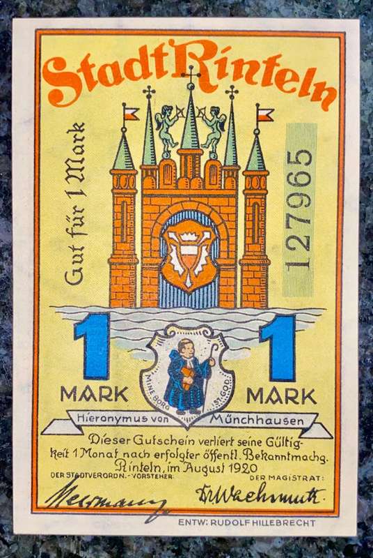 GERMANY - RINTLELN 1 MARK 1920 - UNC NOTGELD (EMERGENCY MONEY) AMAZING ART
