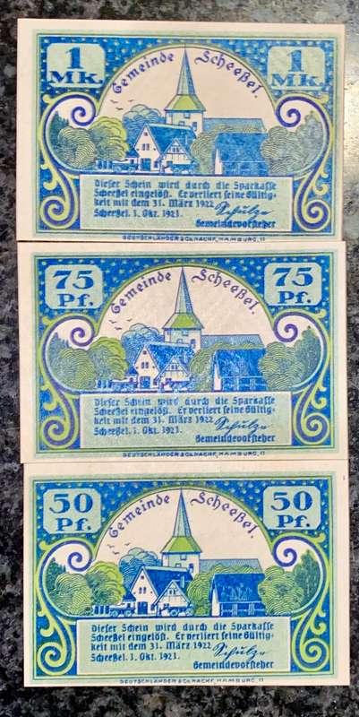 GERMANY SET - SCHEEBEL 1 MARK, 75 PF, 50 PFENNIG 1922 - UNC NOTGELD (EMERGENCY MONEY) - AMAZING ART