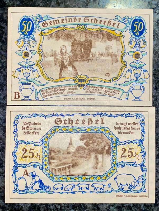 GERMANY SET - SCHEEBEL 50 PFENNIG & 25 PFENNIG 1921 - UNC NOTGELD (EMERGENCY MONEY) - AMAZING ART