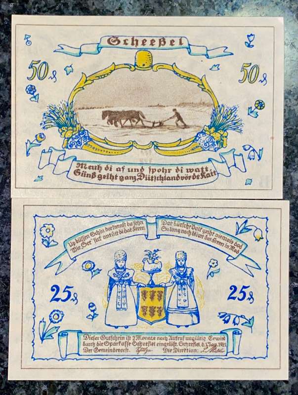 GERMANY SET - SCHEEBEL 50 PFENNIG & 25 PFENNIG 1921 - UNC NOTGELD (EMERGENCY MONEY) - AMAZING ART
