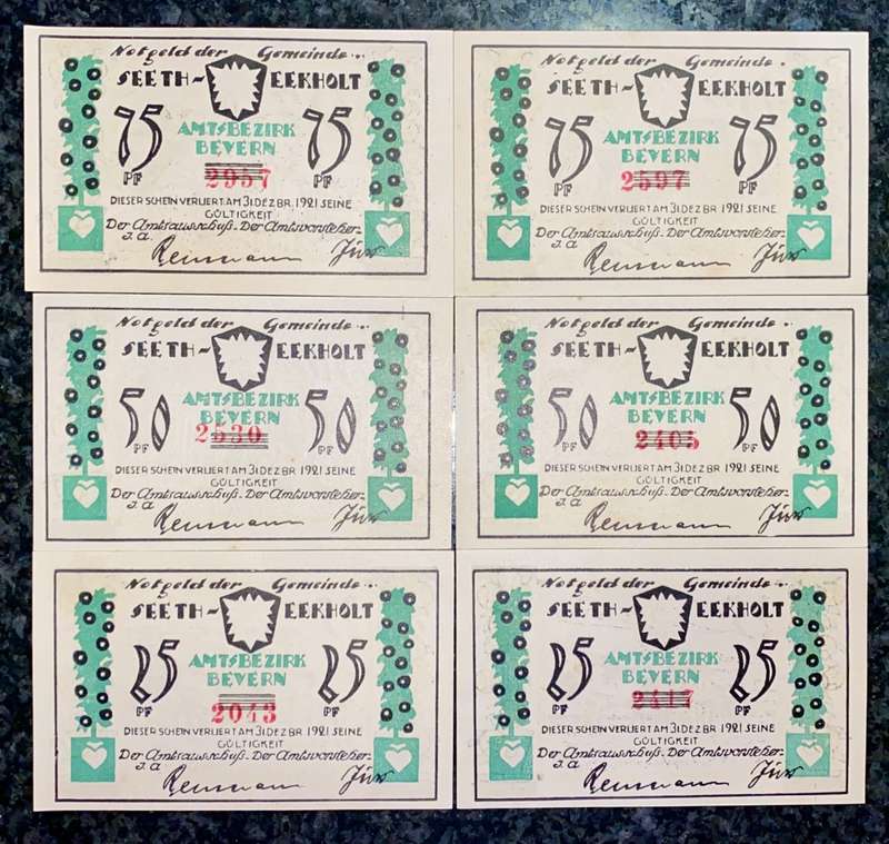 GERMANY 2 SETS EEKHOLT 75 PFENNIG 50 PF, 25 PFENNIG 1921 - UNC NOTGELD(EMERGENCY MONEY) AMAZING ART