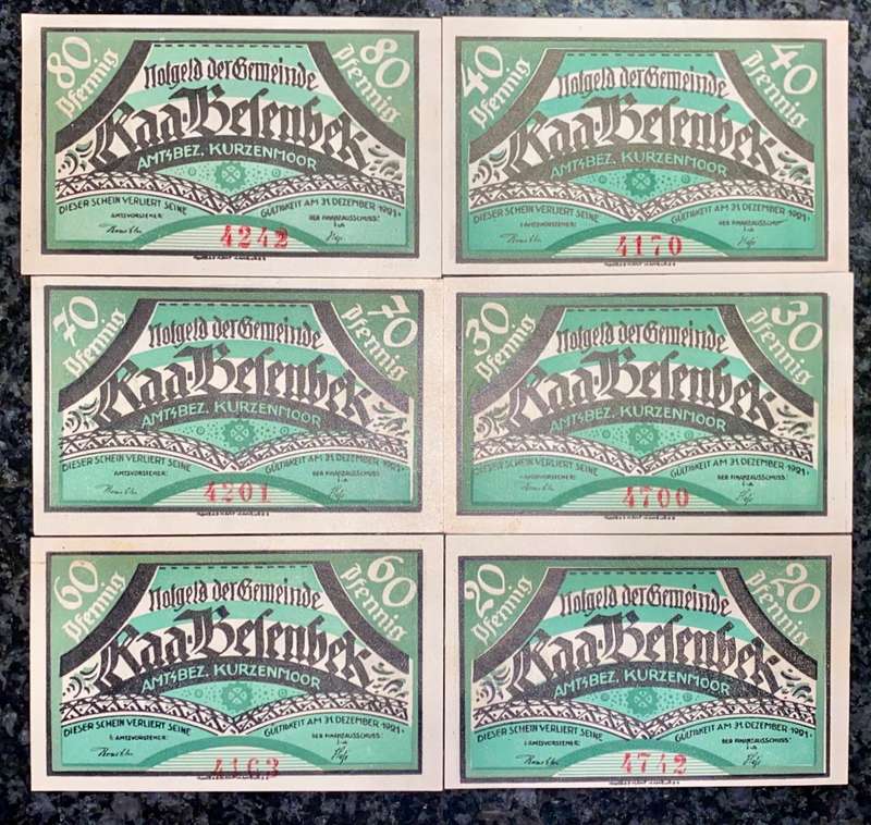 GERMANY SET BESENBECK 80PF,70PF,60PF,40PF,30PF,20PF 1921 - UNC NOTGELD (EMERGENCY MONEY) AMAZING ART