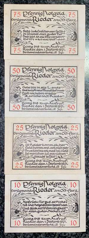 GERMANY SET RIEDER 75 PFENNIG, 50PF, 25PF & 10PF 1921 - UNC NOTGELD (EMERGENCY MONEY) - AMAZING ART