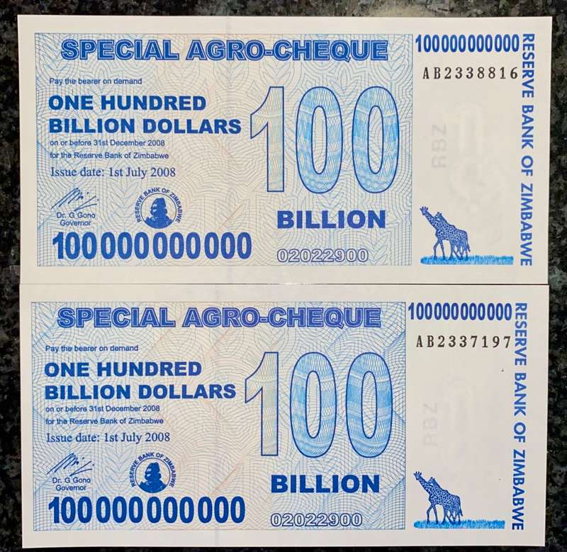 ZIMBABWE 100 BILLION DOLLARS CLOSE IN SEQ AB2338816 & AB2337197 UNC 2008 (1 BID TAKES ALL)