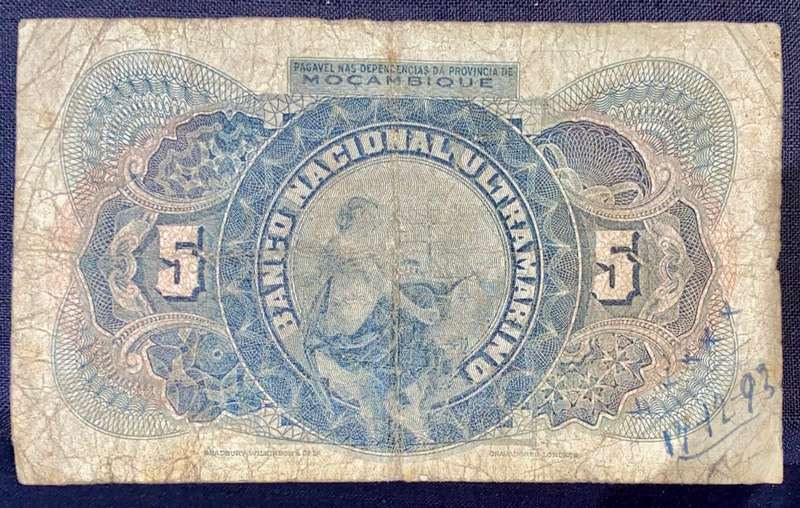 MOZAMBIQUE 5 ESCUDOS LISBOA 1ST JANUARY 1921 MOZAMBIQUE BLACK ULTRAMARINO KEY DATE