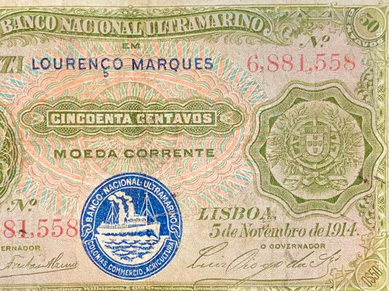 MOZAMBIQUE 50 CENTAVOS LISBOA 5TH NOVEMBER 1914 LORENZO MARQUEZ GREEN ULTRAMARINO