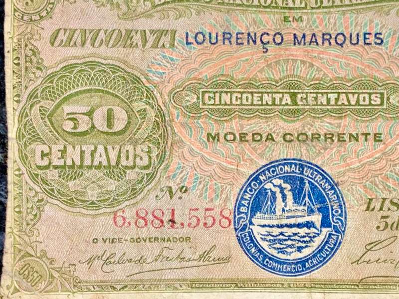 MOZAMBIQUE 50 CENTAVOS LISBOA 5TH NOVEMBER 1914 LORENZO MARQUEZ GREEN ULTRAMARINO