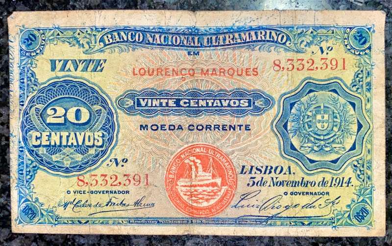 MOZAMBIQUE 20 CENTAVOS LISBOA 5TH NOVEMBER 1914 LORENZO MARQUEZ BLUE ULTRAMARINO
