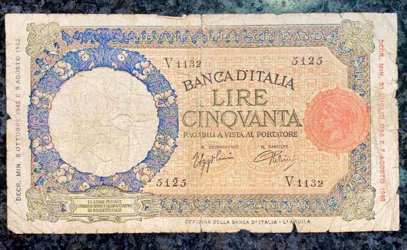 ITALY 50 LIRE 9TH AUGUST 1943 WW2