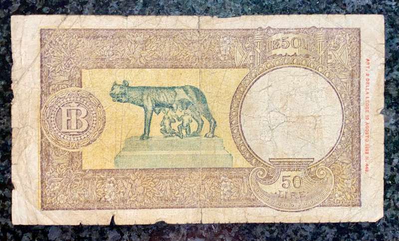 ITALY 50 LIRE 9TH AUGUST 1943 WW2