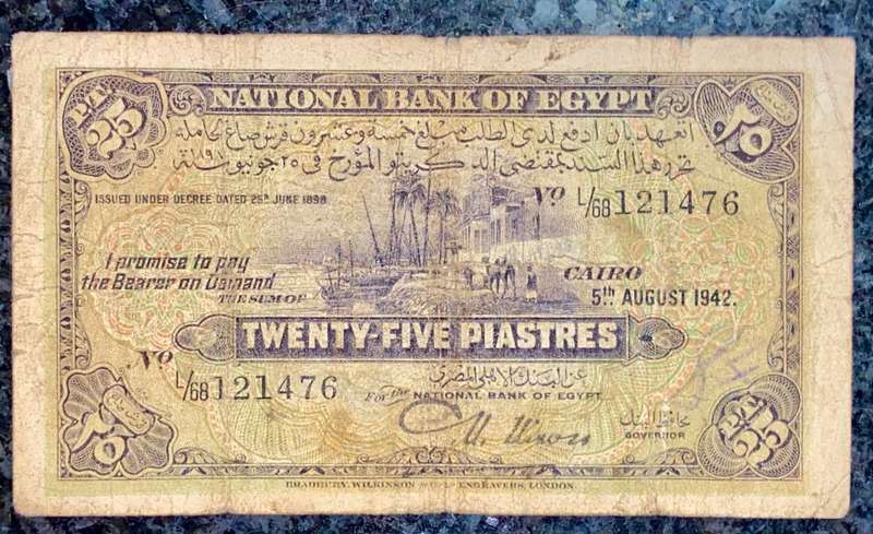 EGYPT CURRENCY NOTE 25 PIASTRES 5TH AUGUST 1942 WW2