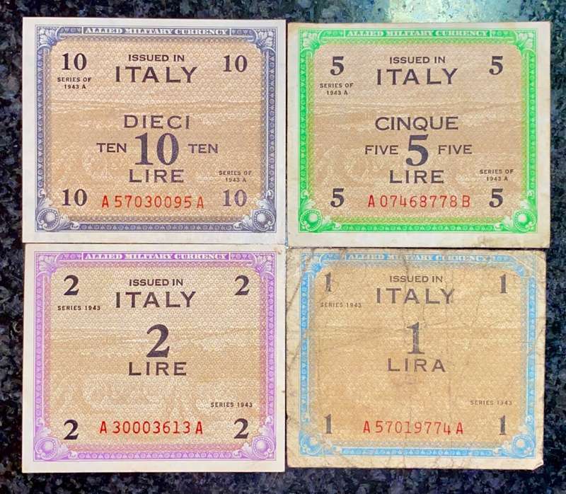 ITALY FULL SET  10 LIRE TO 1 LIRE 1943 WW2 ALLIED MILITARY CURRENCY