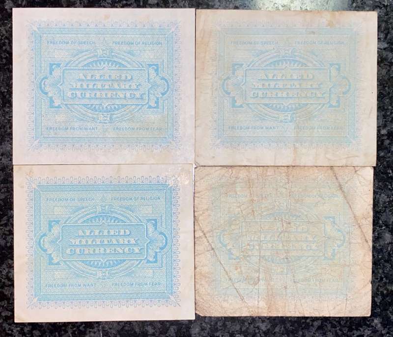 ITALY FULL SET  10 LIRE TO 1 LIRE 1943 WW2 ALLIED MILITARY CURRENCY