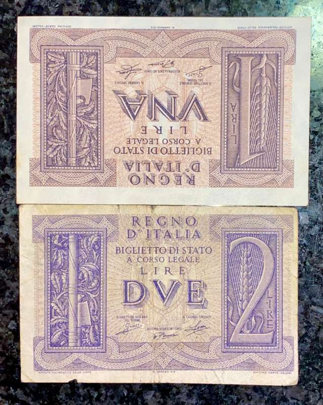ITALY SET 1 LIRE & 2 LIRE 1939 WW2(1 BID TAKES ALL)