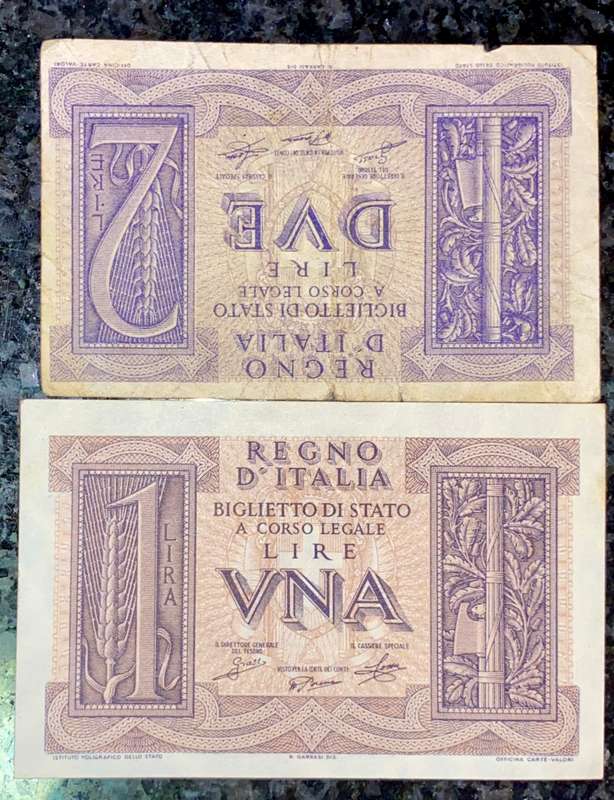 ITALY SET 1 LIRE & 2 LIRE 1939 WW2(1 BID TAKES ALL)
