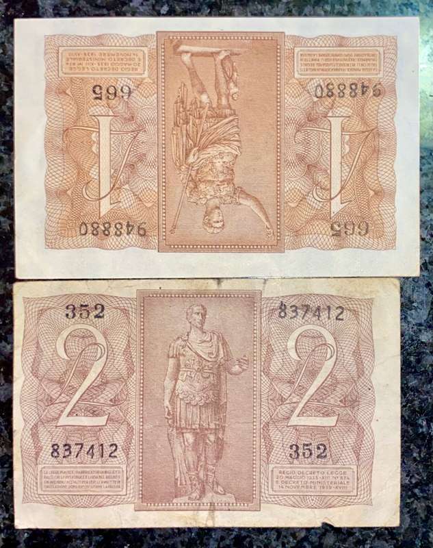 ITALY SET 1 LIRE & 2 LIRE 1939 WW2(1 BID TAKES ALL)