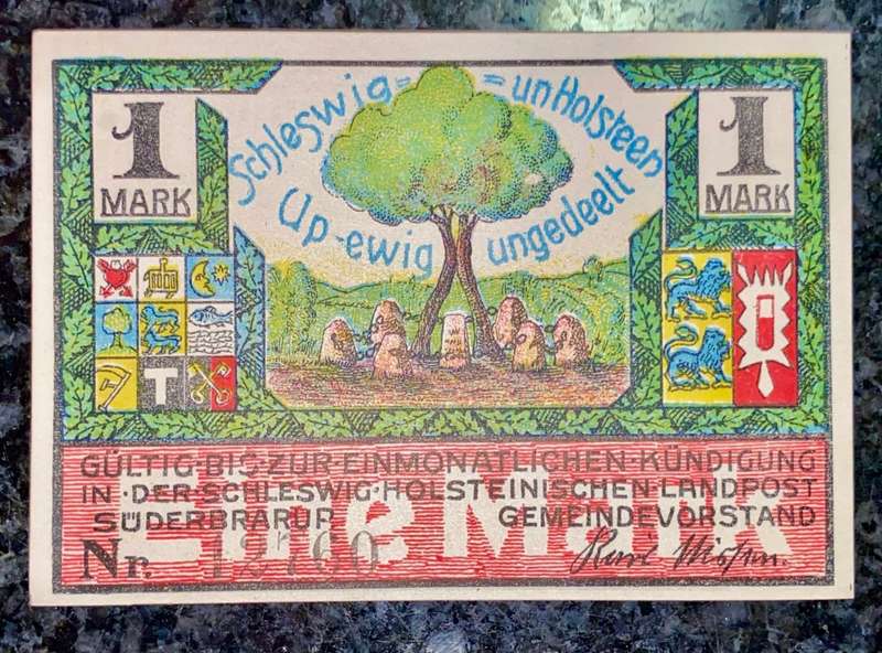 GERMANY 1 MARK - SUDERBRARUP - 1920 UNC NOTGELD (EMERGENCY MONEY) - AMAZING ART