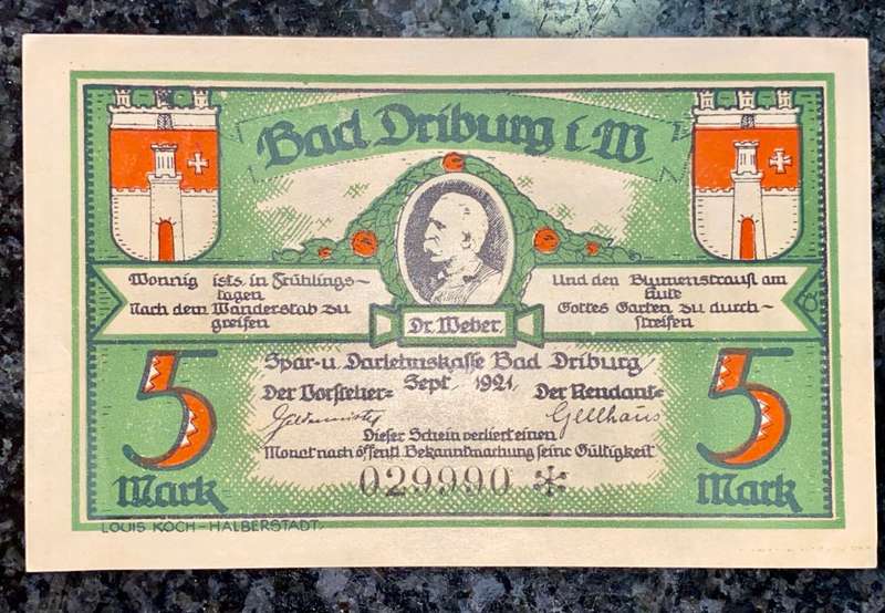 GERMANY STAR/REPLACEMENTNOTE 5 MARK - BAD DRBURG - 1921 UNC NOTGELD (EMERGENCY MONEY) - AMAZING ART