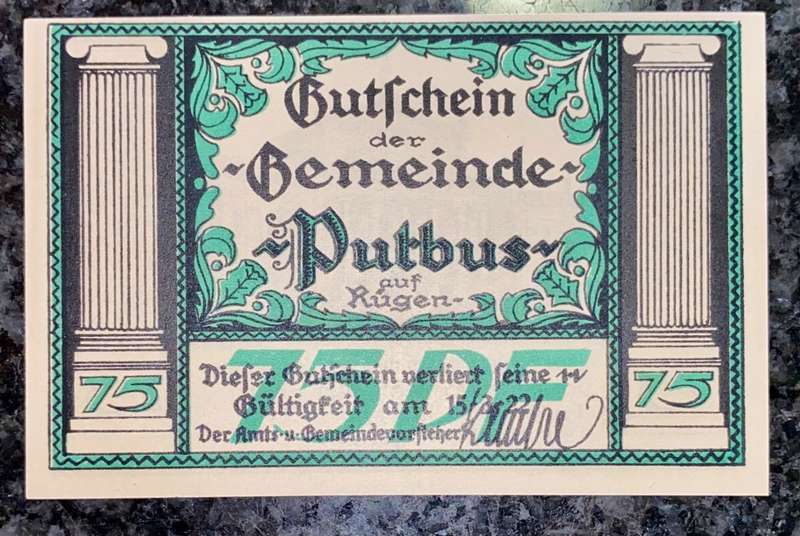 GERMANY 75 PFENNIG - PUTBUS - 1922 UNC NOTGELD (EMERGENCY MONEY) - AMAZING ART