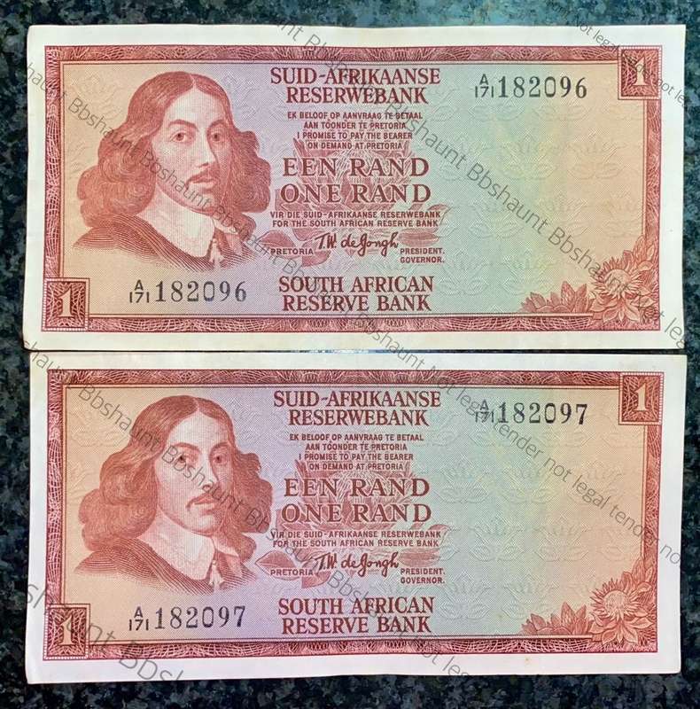 TW DE JONGH R1 IN SEQUENCE A171 /182096-097 AUNC SPRINGBUCK WTM 1ST ISSUE 1967(1 BID TAKES ALL)