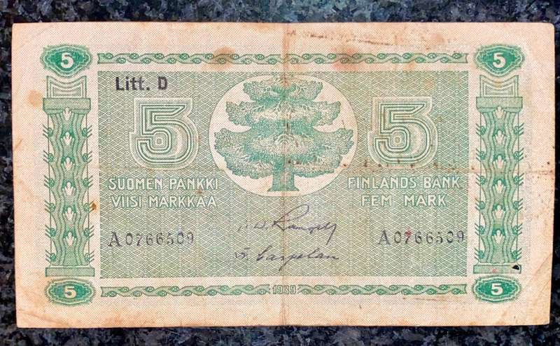 FINLAND 5 MARKKAA 1939 WW2