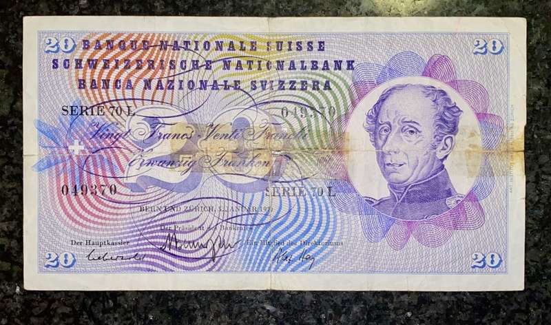 SWITZERLAND 20 FRANCS 5TH JANUARY 1970