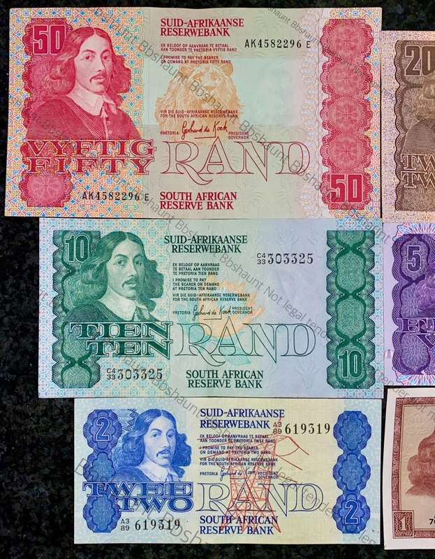 COMPLETE SET OF GPC DE KOCK & DECIMALS R50 TO R2 - 1980s UNC-EF (R1A TW DE JONGH 1975(1 BID TAKES AL