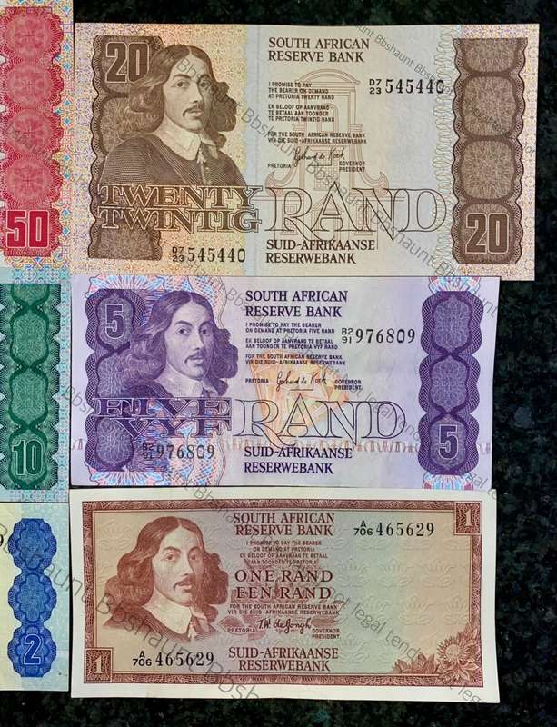 COMPLETE SET OF GPC DE KOCK & DECIMALS R50 TO R2 - 1980s UNC-EF (R1A TW DE JONGH 1975(1 BID TAKES AL
