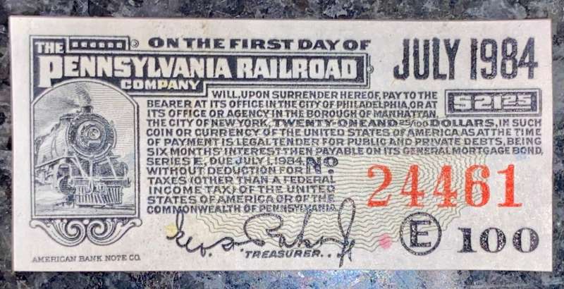 U S A PENNSYLVANIA RAILROAD COMPANY COUPON $21.25 DOLLARS JULY 1984