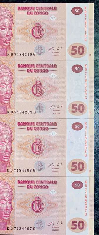 CONGO 50 FRANCS IN SEQUENCE KD7184210-207 UNC 2013 (1 BID TAKES ALL)