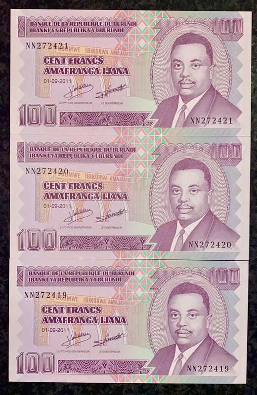 BURUNDI 100 FRANCS IN SEQUENCE NN272421-419 UNC 01-09-2011 (1 BID TAKES ALL)