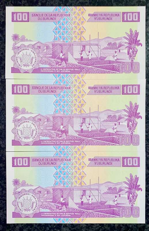 BURUNDI 100 FRANCS IN SEQUENCE NN272421-419 UNC 01-09-2011 (1 BID TAKES ALL)